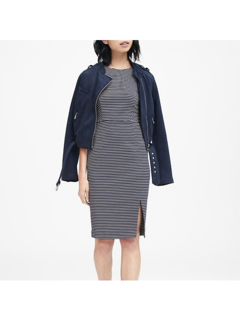 Striped Navy & White Stretch Sheath Dress with Side Slit-Tall